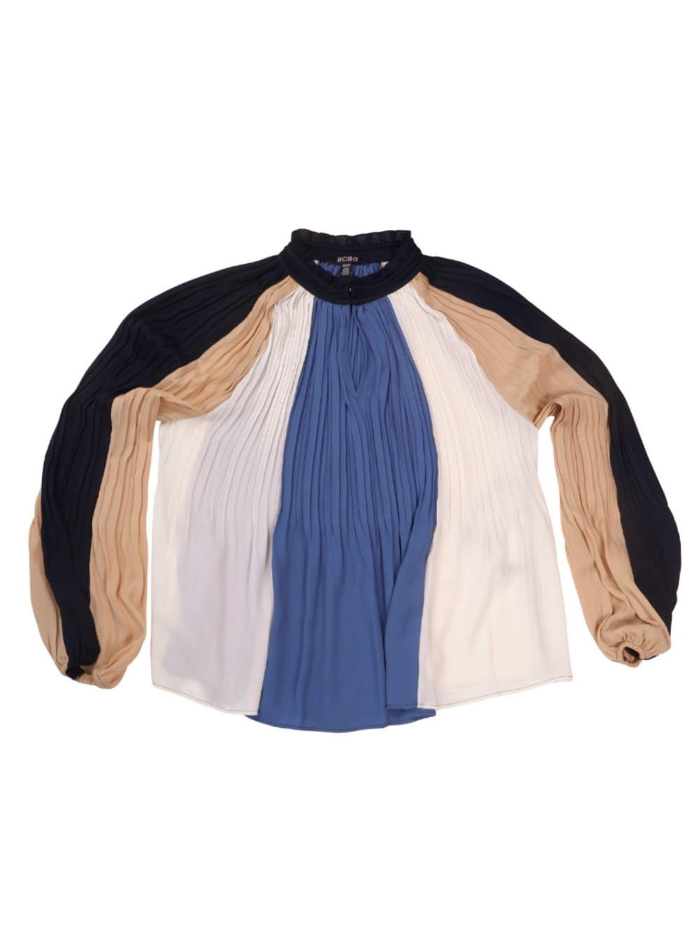 BCBG Pleated Colorblock Blouse M NWT Blue Tan Ivory Long Sleeve